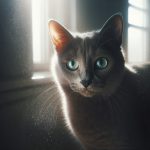 חתול רוסי כחול עיניים ירוקות ופרווה כסופה