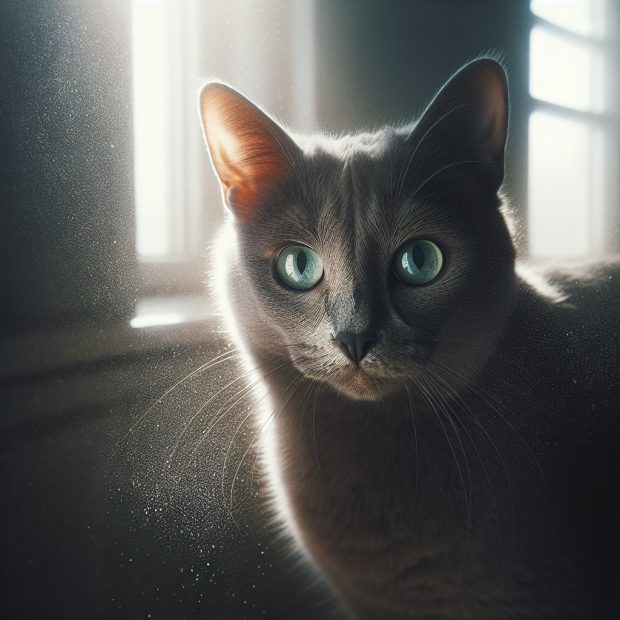 חתול רוסי כחול עיניים ירוקות ופרווה כסופה